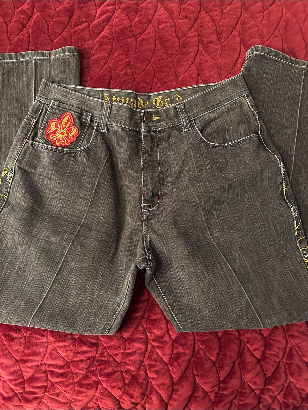 Attitude Gold Straight Men's Jeans with Red Fleur-de-Lis Patch
